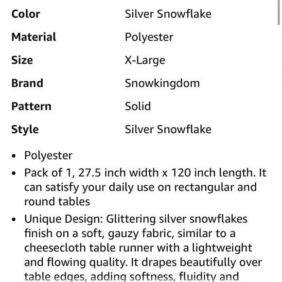 Snowflake Runner Silver 120 Inch Sheer Chiffon Gauze Runner, Winter Decoration - Picture 12 of 14